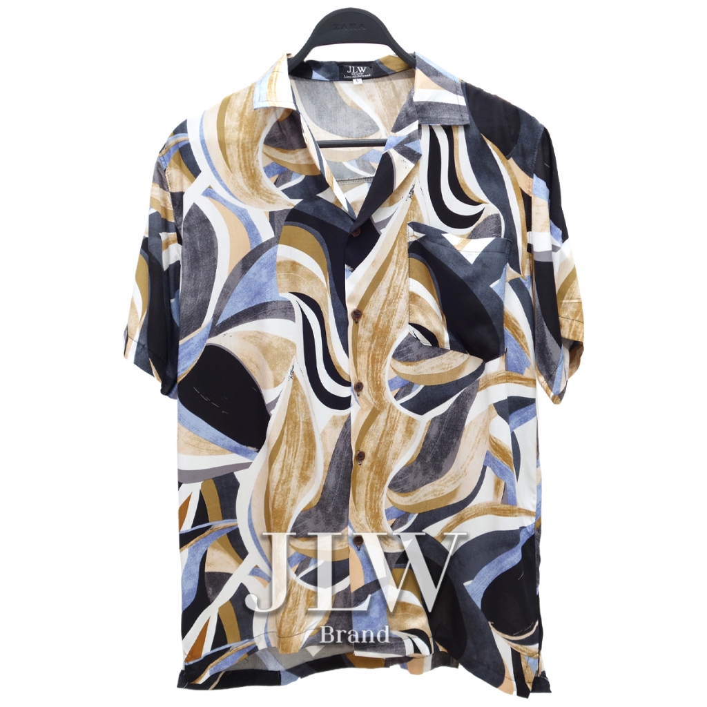 เสื้อฮาวาย ลายกลีบทิวลิป ดำ ผ้านิ่ม M L XL Oversize คอฮาวาย JLW BRAND