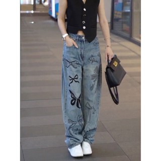 (92)กางเกงลายโบว์ ผ้ายีนส์ เอวสูงดูผอม ลำลอง กางเกงยีนส์ยาว