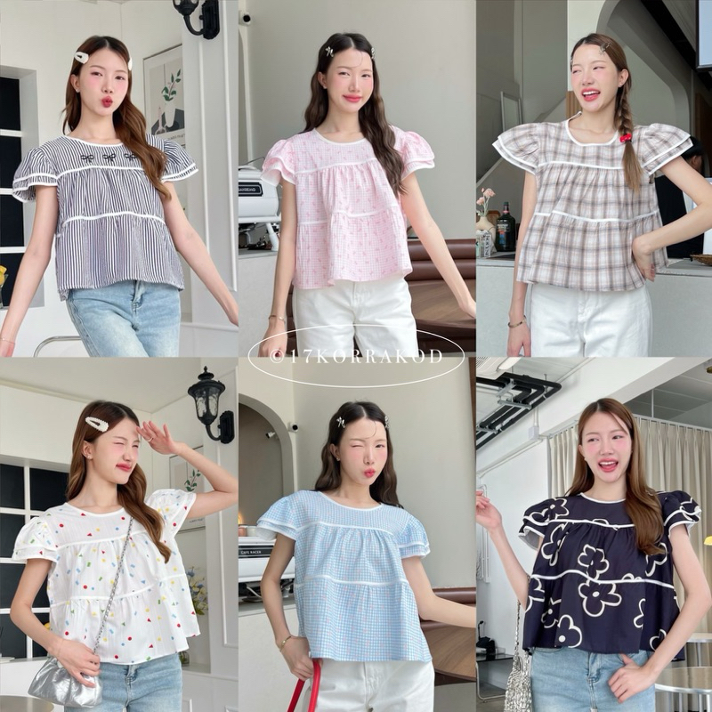 เสื้อแขนระบาย2ชั้นลายน่ารักๆ ดีเทลผ้าตัดขอบ อกใหญ่ใส่ได้ (Khun Studio)