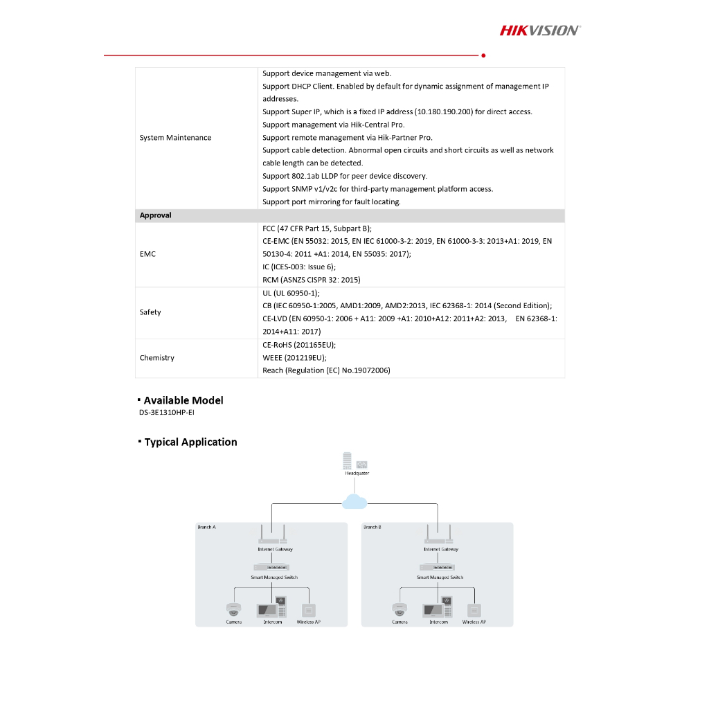 HIKVISION DS-3E1310HP-EI Smart PoE Switch จำนวน 4+2 ช่อง 10/100MB PoE,Uplink (Smart Managed) (รับประกัน 3 ปี)