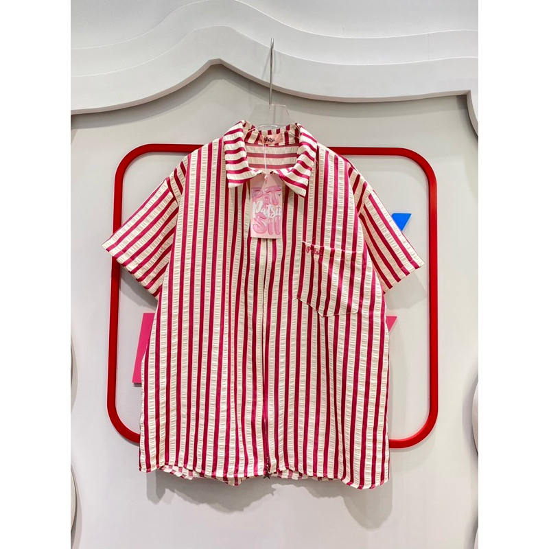 เสื้อเชิ้ตแขนสั้น2ซิป ซิปดาว ลายริ้ว โอเวอร์ไซส์