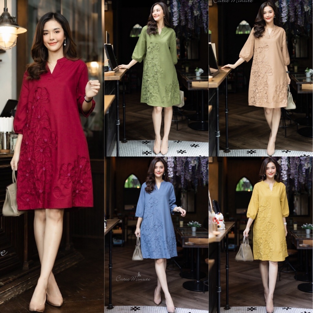 Cutie Minute อก ฟรีไซส์ 46"เดรสผ้าฝ้ายลินินเกาหลีเกรดพรีเมี่ยม เนื้อผ้าหนากำลังดี เดรสผ้าฝ้ายทรงเอ