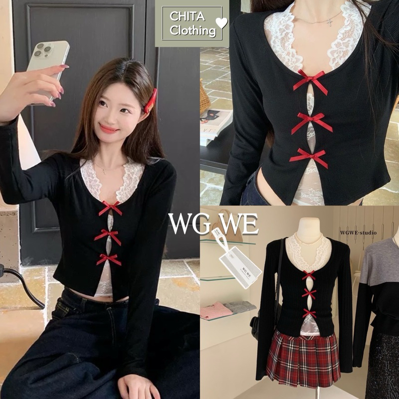 2435# Set 2 pcs เสื้อคลุมแขนยาว โบว์หน้า +เสื้อลูกไม้แขนกุด TAG:WG.WE