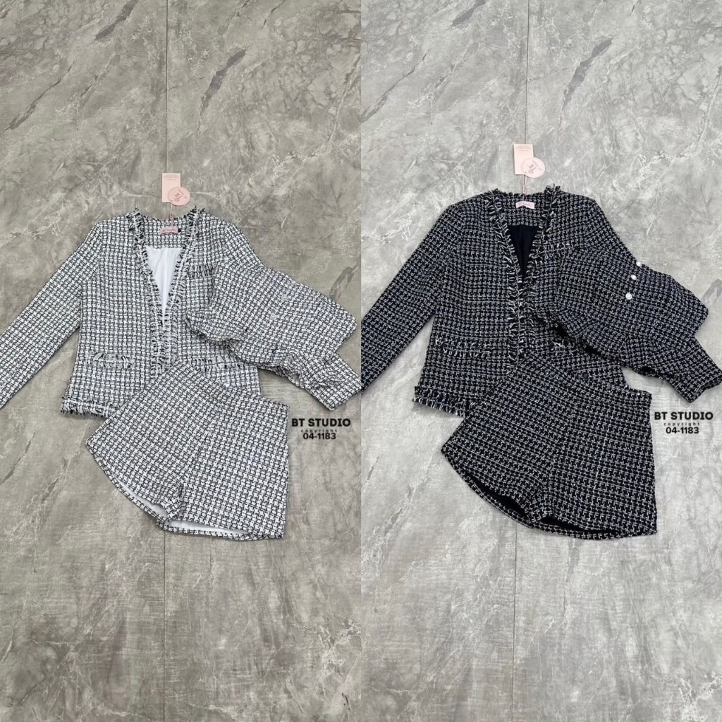 BT 04-1183 เซท 3 ชิ้น เสื้อเบเซอร์แขนยาวเนื้อผ้าทวิสต์อย่างเดียว มาพร้อมเสื้อครอปเกาะอกแต่งกระดุมหลอ