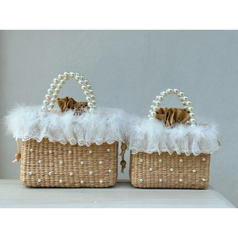 Box bags กระเป๋านสานผักตบชวา ทรงกล่อง ตกแต่ง ขนมิ้งค์ ฉลุ ลูกปัดมุก