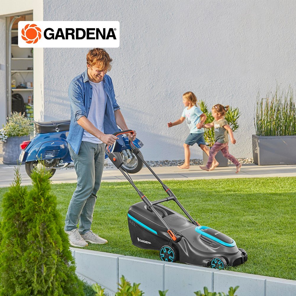 รถเข็นตัดหญ้าแบตเตอรี่ Gardena 37/36V P4A เครื่องตัดหญ้าแบบเข็นไร้สาย แบตฯ 18V ของแท้ รับประกันศูนย์