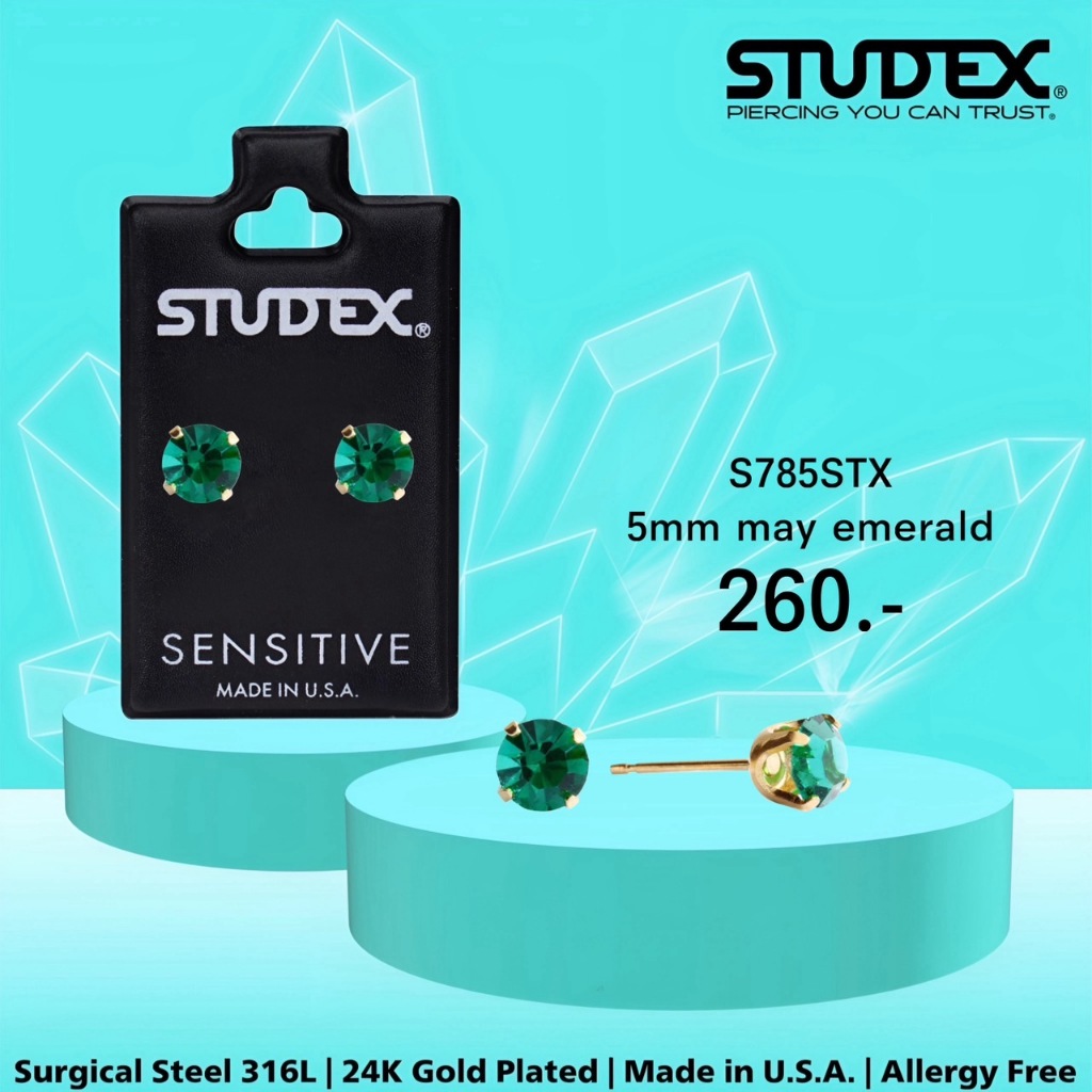 STUDEX S785STX ต่างหูแฟชั่นสำหรับหูแพ้ง่าย เคลือบทอง 24K 5MM MAY EMERALD
