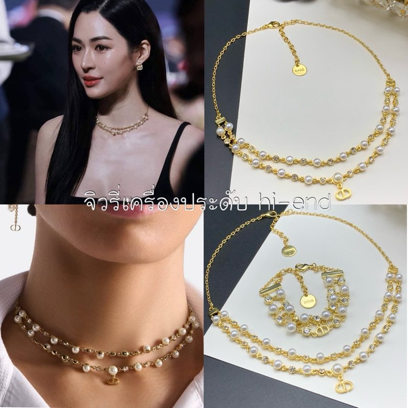 สร้อยคอ Pe tit C D Trea sure ออริ 2 เลเยอร์สีทองประดับมุก+เพชรชวา จี้ C ตัวเรือนทอง 18k ด้านหน้าซ้อน 2 ชั้น (ด94)