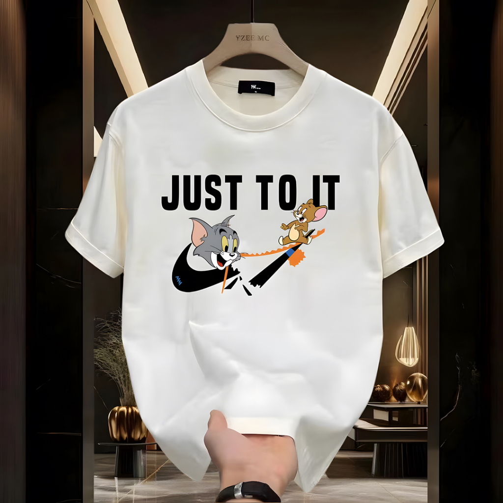 Y-T Flash Sale เสื้อยืดสำหรับผู้ชาย คุณภาพสูง เสื้อยืดสีขาว ผ้าฝ้าย 100% สวมใส่สบาย ภาพพิมพ์ "ทอมกับเจอร์รี่"