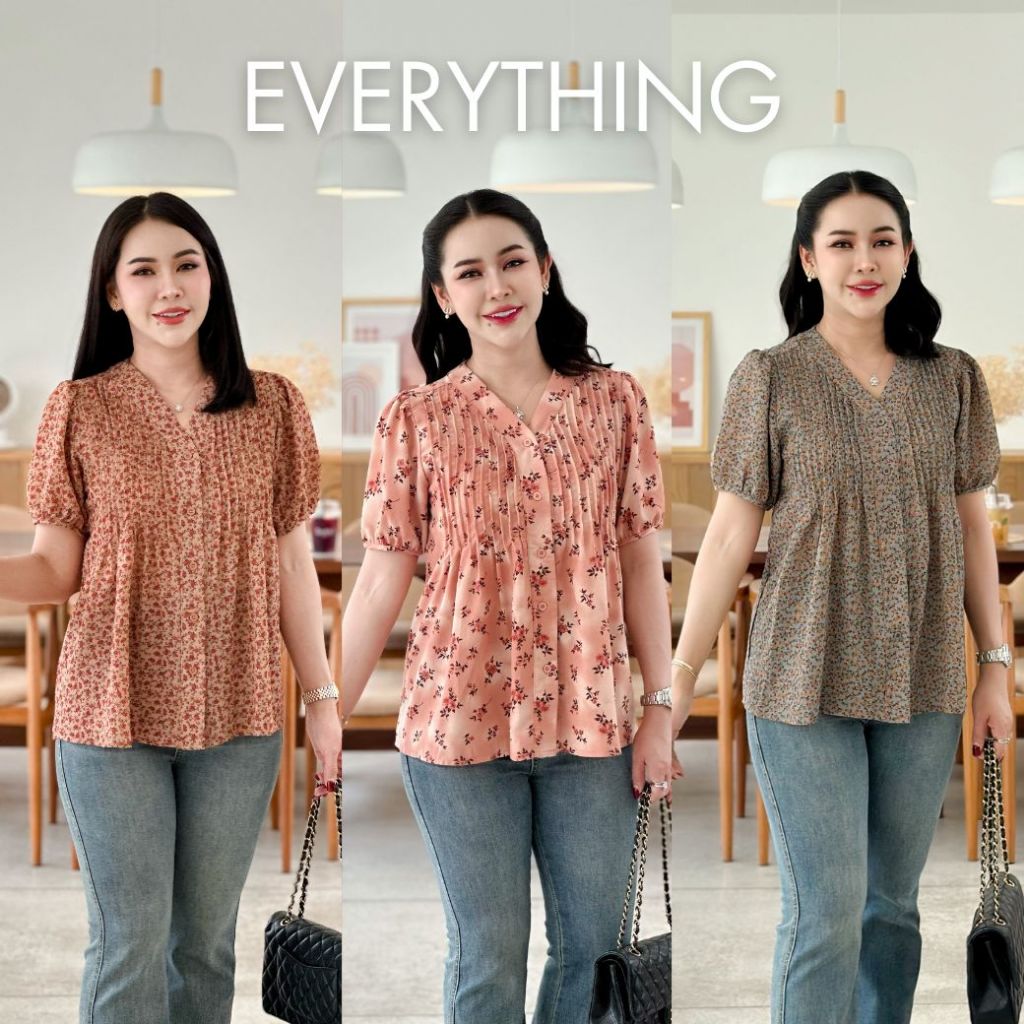 Everything2019 เสื้อผู้หญิงคอวีตีเกล็ดหน้าอก กระดุมหน้า แขนสั้น ใส่ได้ทุกโอกาส มีไซซ์ XS-3XL หน้าผ้า 36-48 (6211)