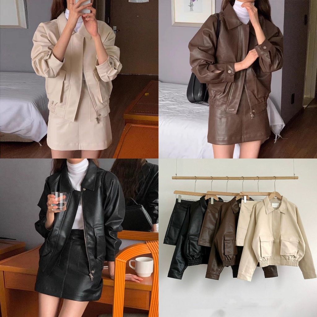 พร้อมส่ง 3สี ชุดเซ็ต2ชิ้น เสื้อแจ็คเก็ตหนัง ทรงOversize กับกระโปรงสั้นทรงสอบ (S220)