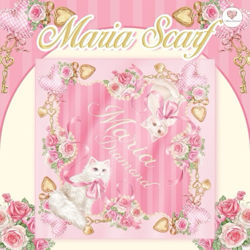 (โค๊ด30%ได้) Maria Diamond ผ้าพันคอสีชมพู (Maria Scarf) ขนาด 90*90 CM ผ้าไหมญี่ปุ่นพิมพ์ลายน้องแมว ผ