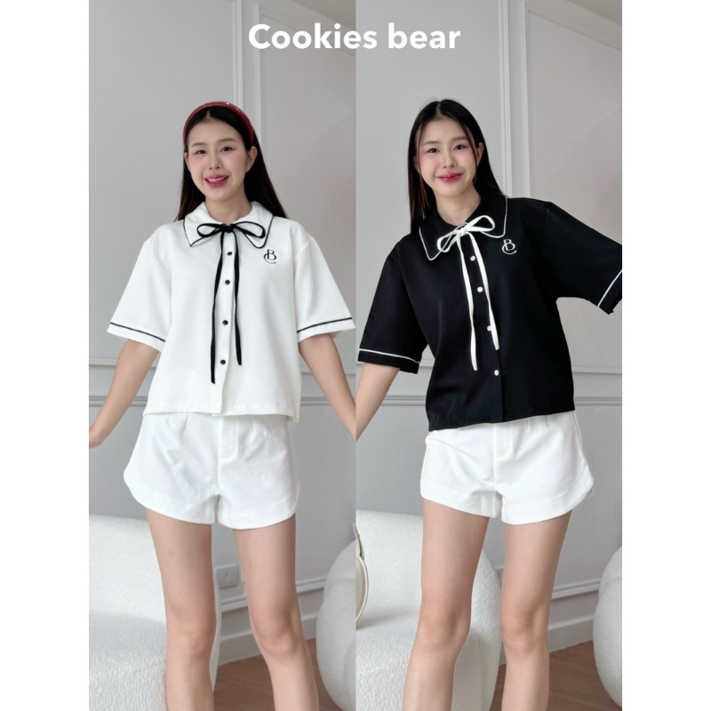 Cookies Bear - เสื้อเชิ้ตตัดแต่งขอบ ผ้าหนา แถมริ้บบิ้นโบว์