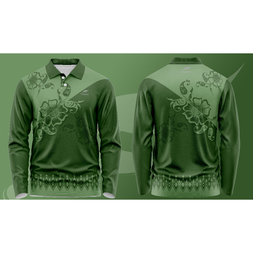 FIELDNIX เสื้อโปโลพิมพ์ลาย ลายปลาคู่ สีเขียวทูโทน แขนยาว ผ้านุ่ม ใส่สบาย ไม่ต้องรีด