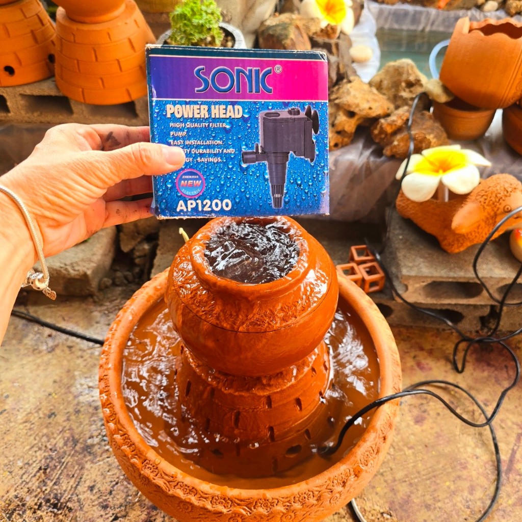 ได้ 4 ชิ้น โอ่งน้าล้นดินเผา ( โอ่ง+ฐาน+อ่าง12"+ปั้มAP1200) ตกแต่งสวน ปรับฮวงจุ้ยบ้าน พร้อมส่ง