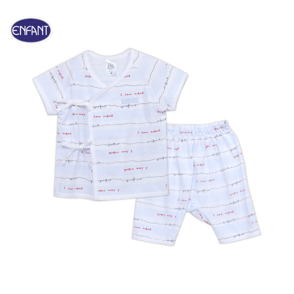 ENFANT (อองฟองต์) ชุดเสื้อป้าย+กางเกงขาสามส่วน สำหรับเด็ก 3-6 เดือน คอลเล็กชั่น ลายเซ็น Enfant ผ้าคอตตอน 100% สีฟ้า