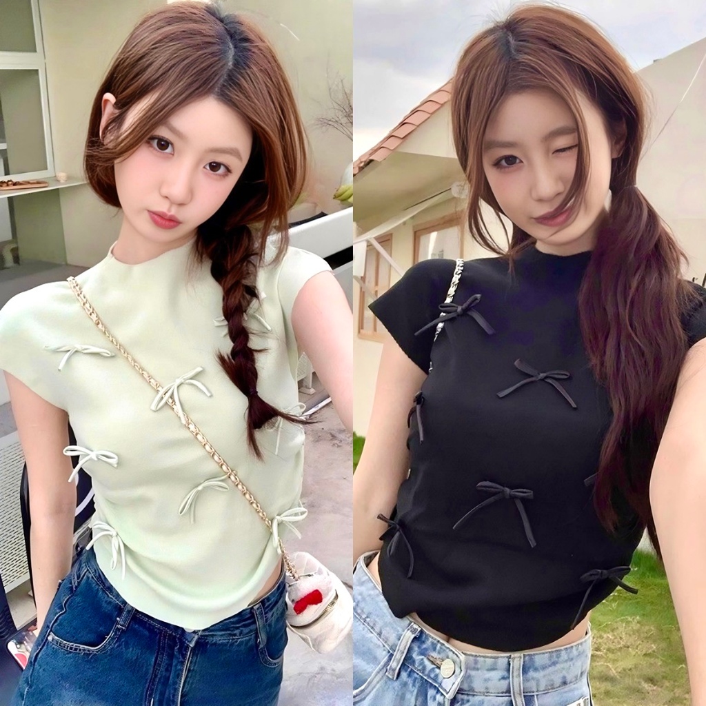 เสื้อครอปคอเต่า เสื้อยืดครอป ดีเทลลายโบว์ หวานน่ารัก สีพื้น ผ้าไหมพรม #020229