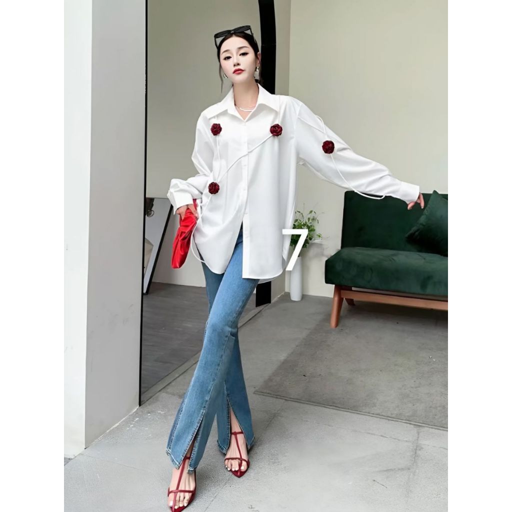 RIZZ SHIRT เสื้อเชิ้ตแขนยาวคอปกแต่งดอกไม้ริซ