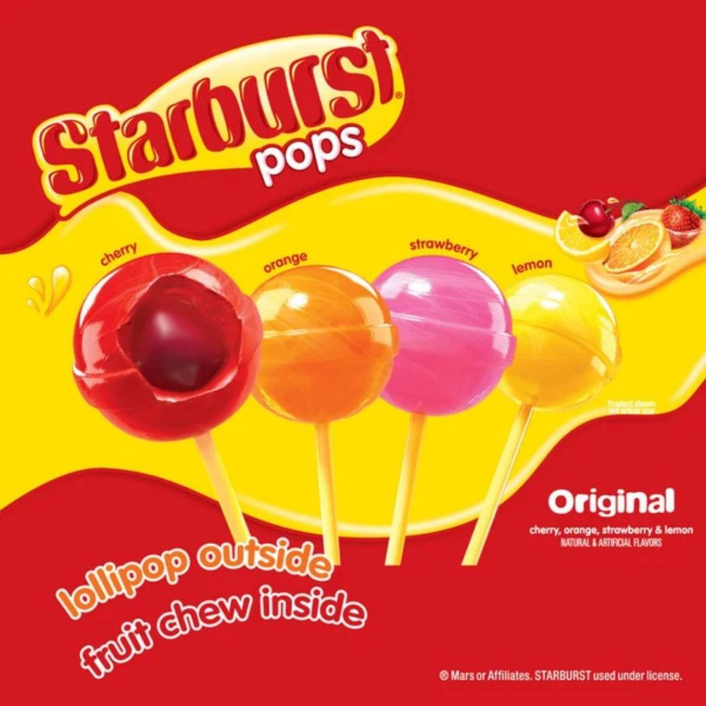 Starburst Pops Sabor original ลูกอมรสผลไม้มีไส้เคี้ยวหนึบจาก USA นํ้าหนัก 249 กรัม BB.15/11/25