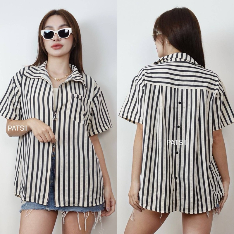 Warm Shirt เสื้อแขนสั้นซิปหน้า เสื้อเชิ้ตผู้หญิง กระดุมหลัง