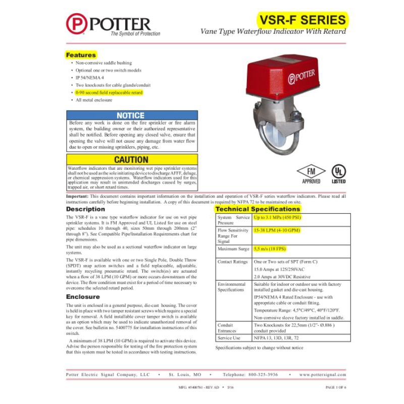 POTTER ELECTRIC Waterflow Switch โฟลว์สวิทซ์ POTTER ELECTRIC VSR -F ขนาด มีขนาด 2นิ้ว- 8นิ้ว