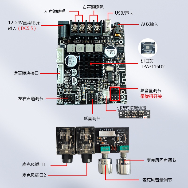 ZK-502T TPA3116D2 แม่แบบเครื่องขยายเสียงไมโครโฟน 50Wx2 +100W 2.1ch มี 2 พอร์ตไมโครโฟน ซับวูฟเฟอร์เสียงสูง