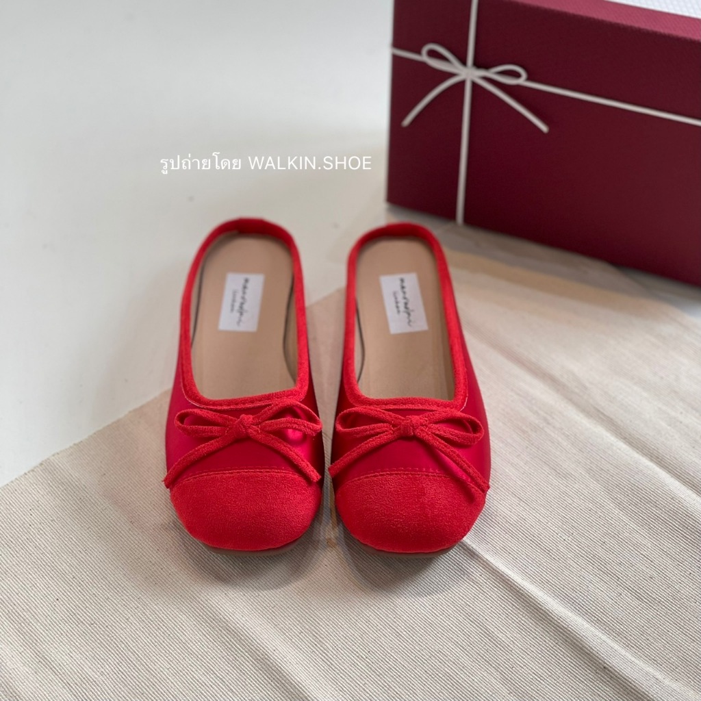 (พร้อมส่งจากไทย) รองเท้าเปิดส้นมีโบว์ สีแดง รุ่น JANE