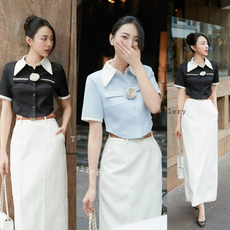 [พร้อมส่ง] ชุดเซ็ตเสื้อ+กระโปรง+เข็มขัด+เข็มกลัดดอกไม้
