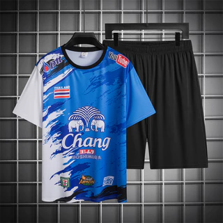 🔥สินค้าพร้อมส่ง🔥เสื้อยืด+กางเกงขาสั้น ชุดกีฬาผู้ชา ชุดกีฬา ชุดฟุตบอล + ธงLogoช้าง ชุดกีฬา 2 ชิ้น