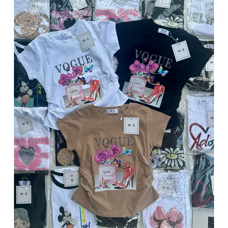 เสื้อยืดพิมพ์ลายผ้าเทพผ้ายูนิโคล่ แต่งจั้มเอวงานสกรีนลายป้ายME เสื้อยืดแฟชั่น