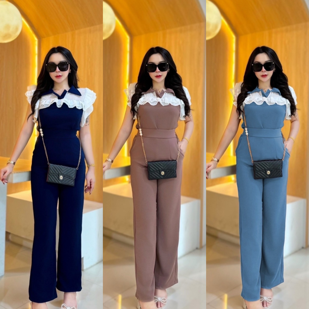 พร้อมส่ง ชุดเซตผ้าวูลเวฟ เสื้อคอปกแขนระบายผ้าซีฟองแต่งระบาย+กางเกงเอวเรียบมีกระเป๋า A4559