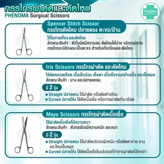 [เกรดห้องผ่าตัด] กรรไกรผ่าตัด PHENOMA Surgical Scissors Gernamy Quality มาตรฐานเยอรมัน กรรไกรสแตนเลส ปลายโค้ง ปลายตรง