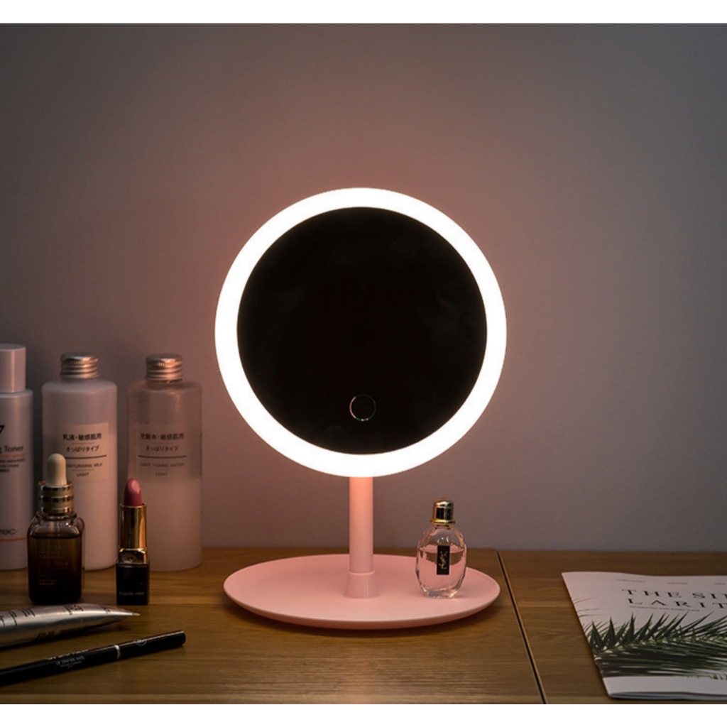 กระจกตั้งโต๊ะ ไฟ LED 3 สี ระบบสัมผัส แบบพกพา พร้อมถาดวางของ ชาร์จไฟได้ กระจกแต่งหน้า HT