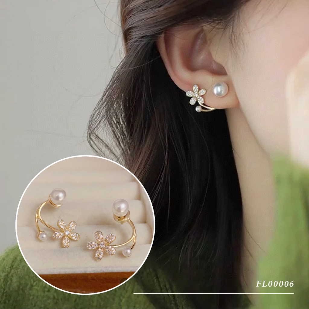 ส่งฟรี! Sweetssparkles ต่างหูเกาหลี ผู้หญิง ต่างหู ก้านเงิน ชุบทอง 14k ฝังเพชรและไข่มุก FL00006