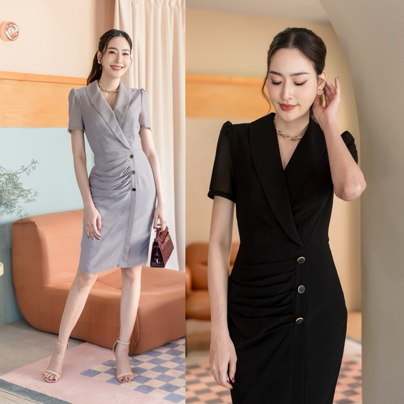 PD300 Chiffon Dress เดรสคอวีแขนสั้น กระโปรงเข้ารูปทรงสอบ แต่งกระดุม