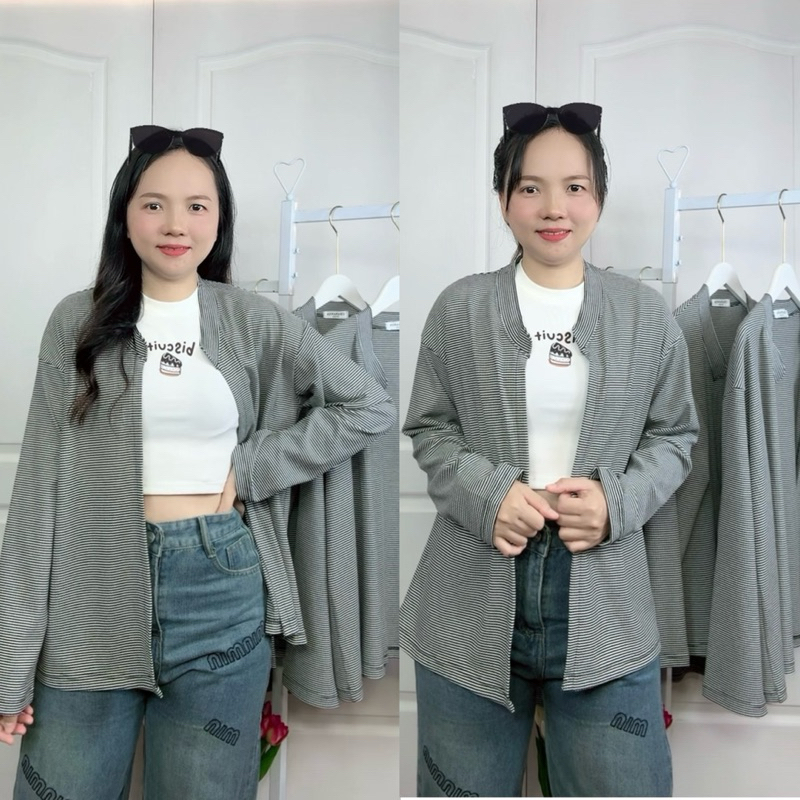 เสื้อคลุมแขนยาวเนื้อผ้าcottonลายริ้วทวิต(ไม่มีกระดุม)