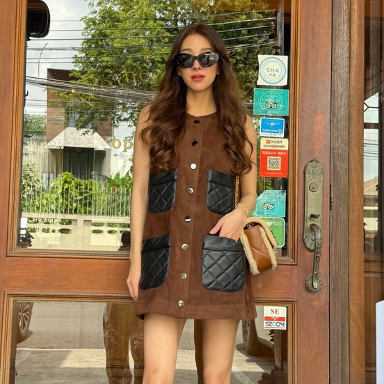 Varithorn - Suede leather pockets blazer dress