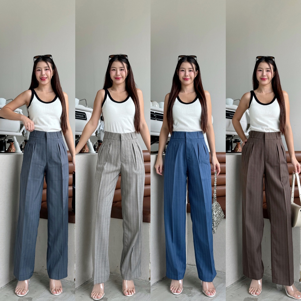 กางเกงทรงกระบอกกลางจีบทวิตเก็บพุง Grace pants (✅โค้ดลด 30WOW200) ผ้าริ้ว ผ้าใส่สบาย ลายผ้าสวยเกร๋