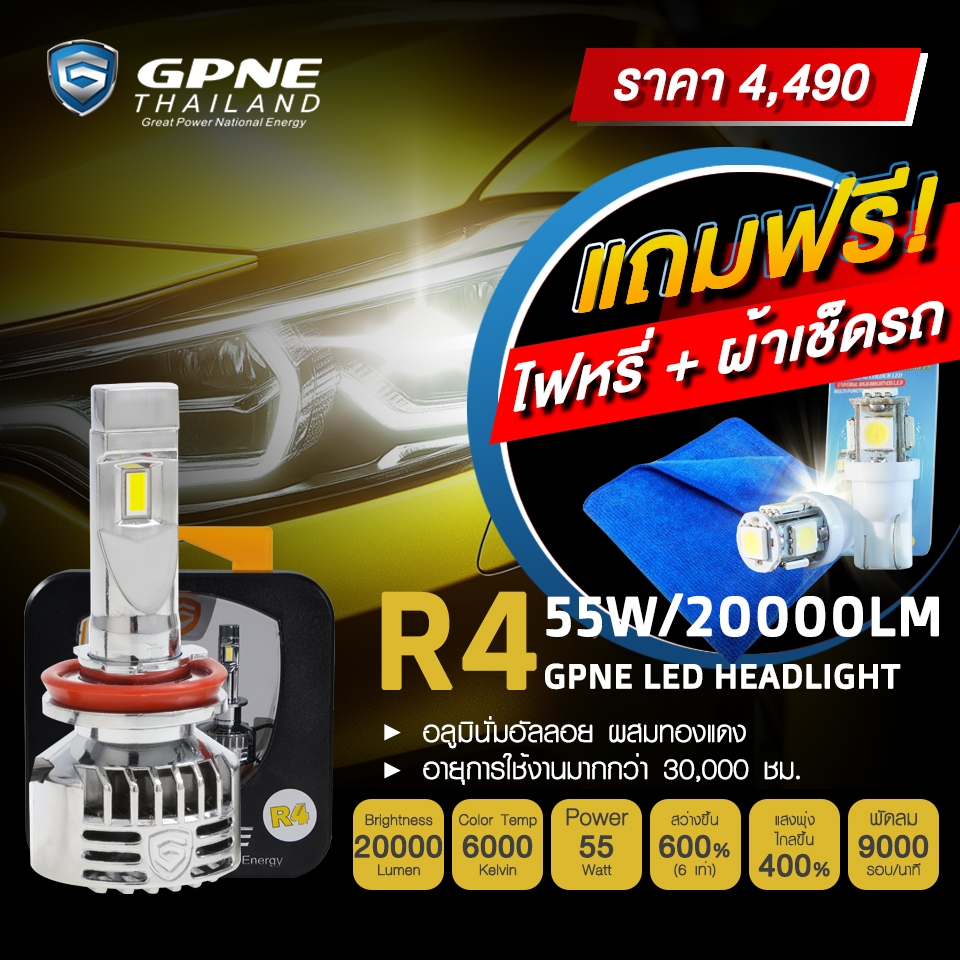 หลอดไฟหน้า LED แบรนด์ GPNE รุ่น R4 (55 วัตต์) ของแท้ 100% รับประกัน 3 ปี