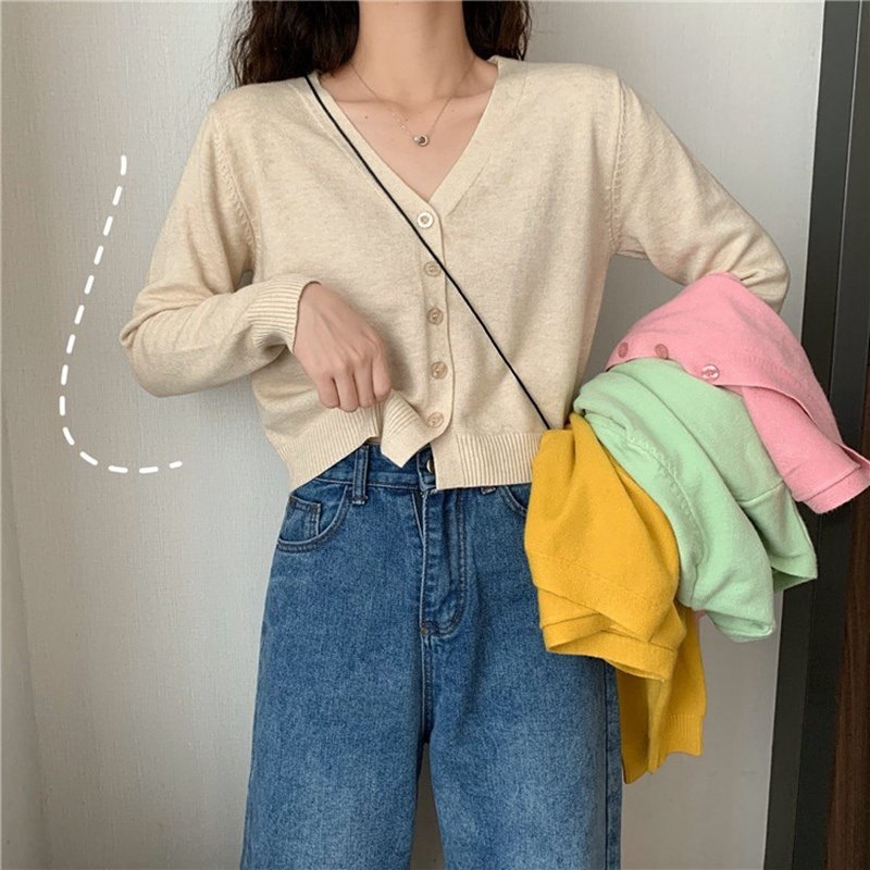 เสื้อคาร์ดิแกนกันหนาว แฟชั่นฤดูใบไม้ผลิสไตล์อเนกประสงค์จัดส่งที่รวดเร็ว แขนยาว คอวี สวมใส่สบาย 9083#