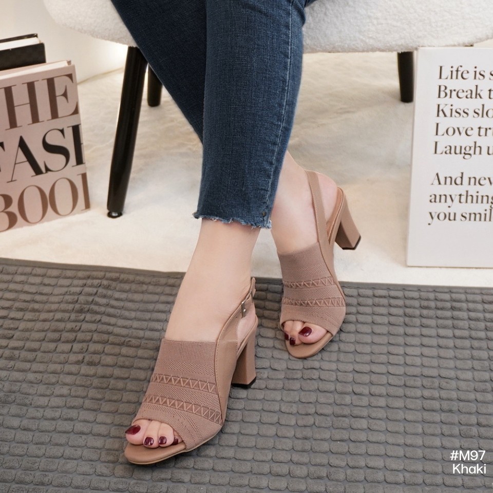 M97 รองเท้าส้นสูงรัดข้อ ผ้าทอ สายรัดปรับระดับได้