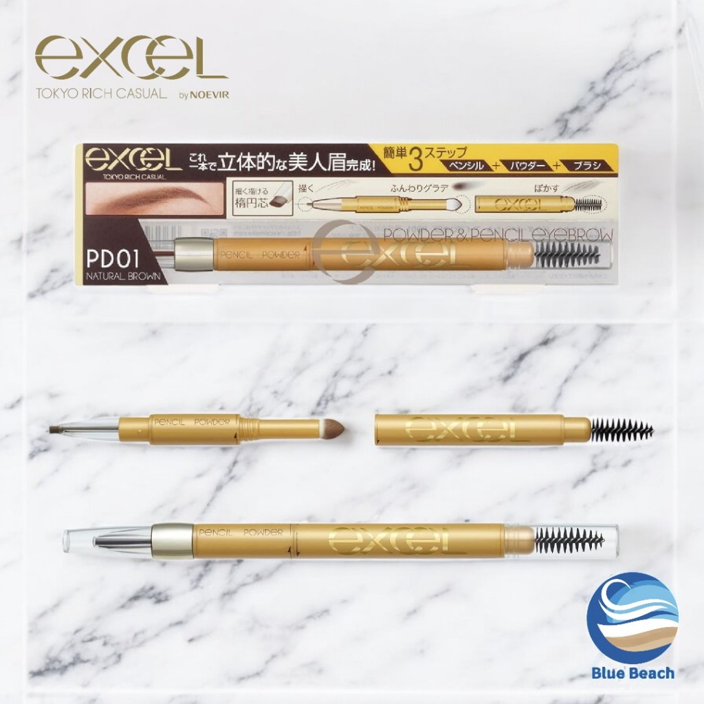 Excel Powder & Pencil Eyebrow EX PD01 (Natural Brown) Eyebrow Pencil, Eyebrow Brush, Eyebrow Powder