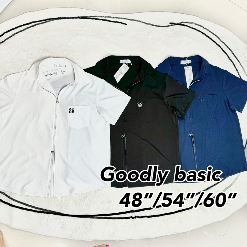 Goodly basic เชิ๊ตซิป สีพื้น ปักgood 56“-62” แขนสั้น