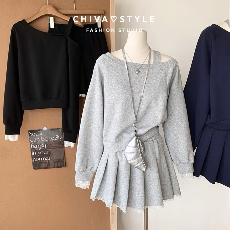 -𝐂𝐡𝐢𝐯𝐚- พร้อมส่ง เซ็ตสเวตเตอร์เปิดไหล่ + กระโปรงจีบรอบ(ซับในกางเกง)
