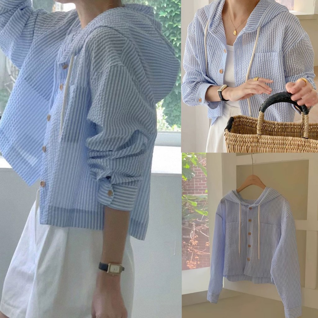 Dahong  เสื้อเชิ้ตคลุมด้วยผ้า สำหรับผู้หญิง เกาหลีใต้ กระดุมแถวเดียว ลายทาง สีตัดกัน แขนสั้น ทรงหลวม กันแดด W441