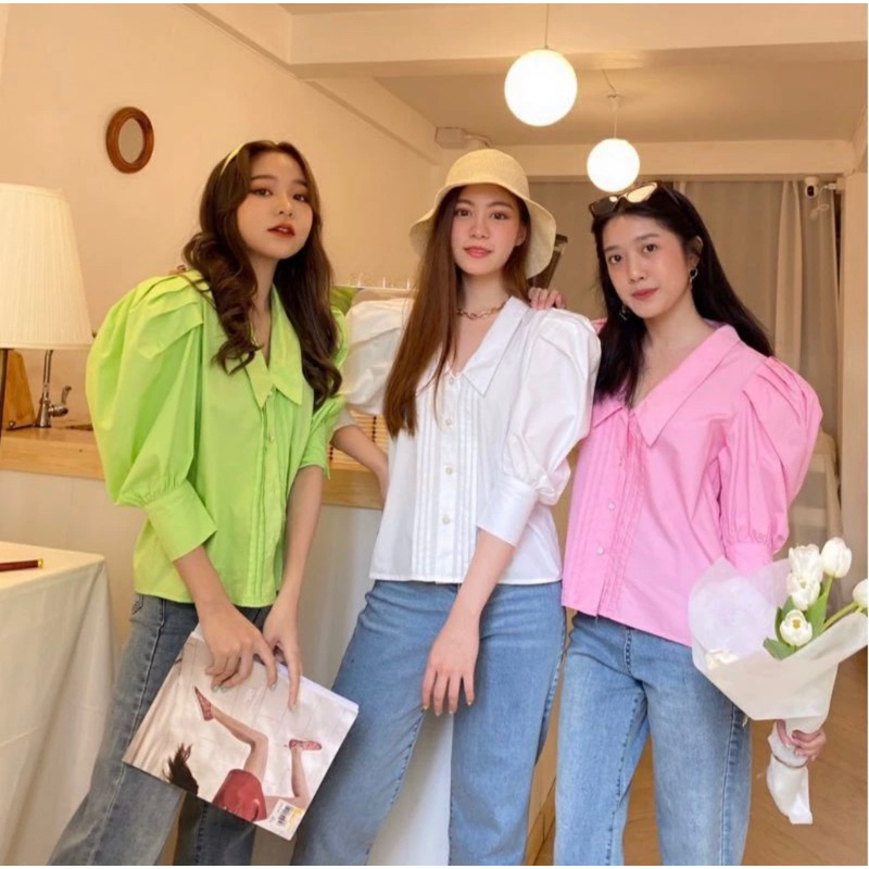 Flat2112 เสื้อคอปกแขนตุ๊กตา สีWhite/Pink