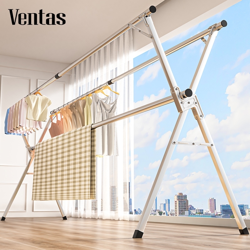 Ventas ราวตากผ้า สแตนเลสรุ่น ราวตากผ้าพับได้ พับเก็บง่าย Double layer hanger รับน้ำหนักได้ถึง 100kg