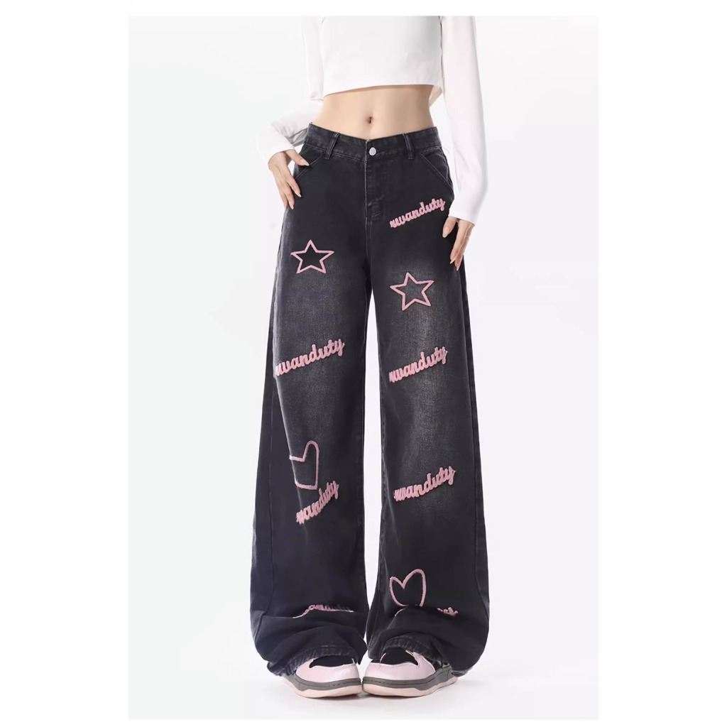 Gdhes house กางเกงยีนส์สไตล์สตรีทอเมริกัน ขนาด 5XL สีดำขาบานเอวสูง - Women, Lady CV94