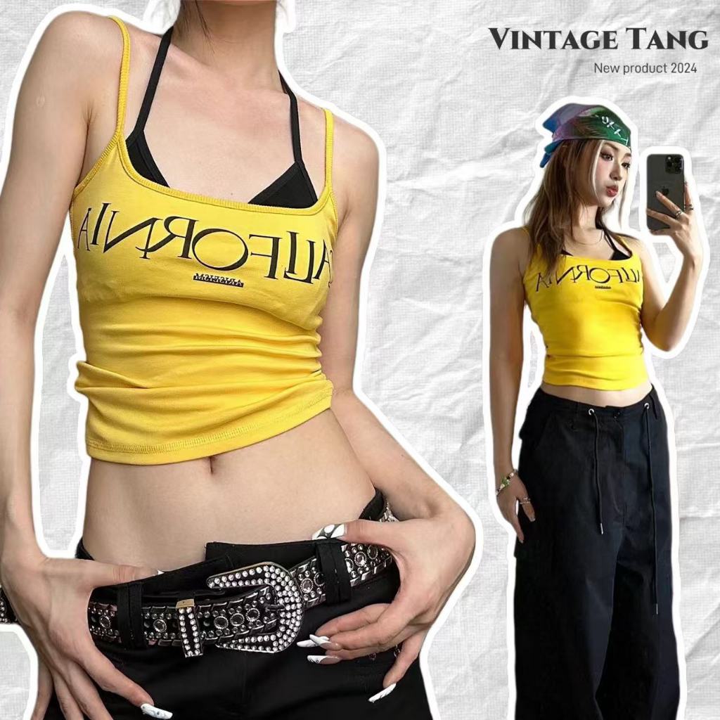 ส่งได้ทั่วไทย ชุด2ชิ้น เสื้อสายเดี่ยวสีเหลือง+ชุดชั้นในบิกินี่สีดำ ลายพิมพ์ตัวอักษร สไตล์Y2K ชุดทะเล เซ็กซี่สุดๆ