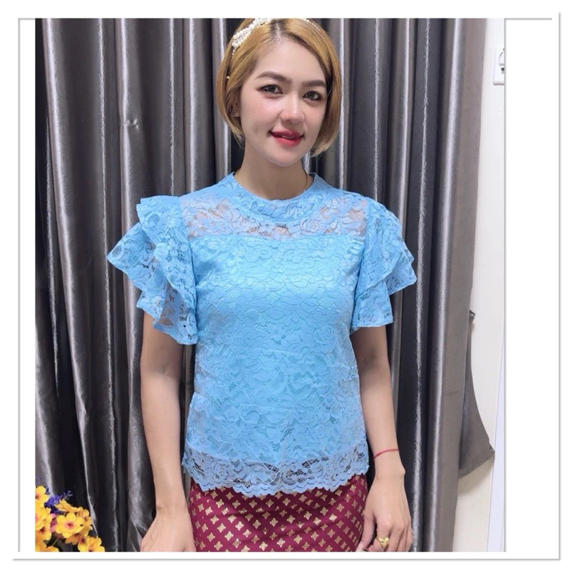 เสื้อลูกไม้แขนระบายใส่งานบุญงานบวชงานแต่งใส่ออกงาน